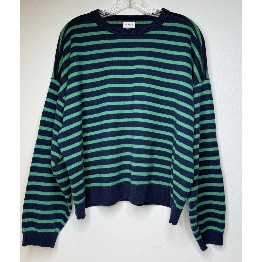 J CREW Factory Sweater Womens Size XL Green Blue Striped Cotton Nerdy Studious